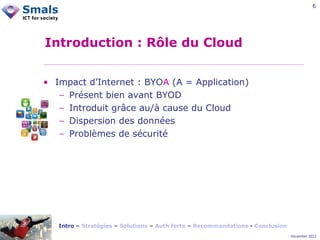 6

Introduction : Rôle du Cloud
• Impact d’Internet : BYOA (A = Application)
− Présent bien avant BYOD
− Introduit grâce au/à cause du Cloud
− Dispersion des données
− Problèmes de sécurité

Intro – Stratégies – Solutions – Auth forte – Recommandations - Conclusion
December 2012

 