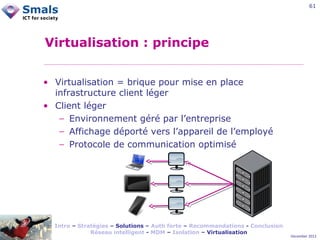 61

Virtualisation : principe
• Virtualisation = brique pour mise en place
infrastructure client léger
• Client léger
− Environnement géré par l’entreprise
− Affichage déporté vers l’appareil de l’employé
− Protocole de communication optimisé

Intro – Stratégies – Solutions – Auth forte – Recommandations - Conclusion
Réseau intelligent - MDM – Isolation – Virtualisation

December 2012

 
