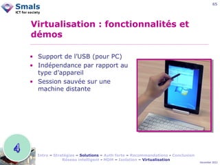 65

Virtualisation : fonctionnalités et
démos
• Support de l’USB (pour PC)
• Indépendance par rapport au
type d’appareil
• Session sauvée sur une
machine distante

Intro – Stratégies – Solutions – Auth forte – Recommandations - Conclusion
Réseau intelligent - MDM – Isolation – Virtualisation

December 2012

 
