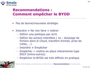83

Recommandations :
Comment empêcher le BYOD
• Pas de bonne/mauvaise stratégie
• Interdire ≠ Ne rien faire ≈ tolérer
− Définir une politique par écrit
− Définir les actions interdites ( ex : stockage de
fichiers dans le Cloud, transfert d’email, prise de
notes, …)
− Interdire ≠ Empêcher
− Empêcher = mettre en place mécanismes type
EDLP (entre-autres)
− Empêcher le BYOD est très difficile en pratique
Intro – Stratégies – Solutions – Auth forte – Recommandations - Conclusion
December 2012

 