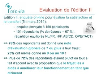 Evaluation de l’édition II
Edition II: enquête on-line pour évaluer la satisfaction et
le transfert (fin mars 2014):
- enquête envoyée à 150 participants
- 101 répondants (% de réponse = 67 % !,
répartition équilibrée NL/FR, H/F, AB/CD, OPE/TACT)
=> 78% des répondants ont donné une note
d’évaluation globale de 7 ou plus à leur trajet ;
23% ont même donné un 9 ou un 10 !
=> Plus de 72% des répondants étaient plutôt ou tout à
fait d’accord avec la proposition que le trajet les a
aidés à améliorer leur fonctionnement en tant que
 