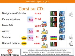 Alessandra Giglio – ITAL2 e TDAlessandra Giglio – TD_LS
• Navigare con Colombo
• Parlando italiano
• MovieTalk
• Asterix
• Sesamo
• Dentro l’italiano
B2-C1
A1-A2
A1-A2
B1
A1
A1-B2
Corsi su CD:
 
