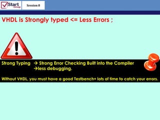 Session 8

                                                          http://www.bized.co.uk

VHDL is Strongly typed <= Less Errors ;




Strong Typing  Strong Error Checking Built into the Compiler
              less debugging.
                                                                          16
Without VHDL, you must have a good Testbench+ lots of time to catch your errors.




                                                             Copyright 2006 – Biz/ed
 