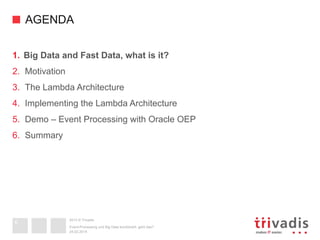 2013 © Trivadis
AGENDA
1.  Big Data and Fast Data, what is it?
2.  Motivation
3.  The Lambda Architecture
4.  Implementing the Lambda Architecture
5.  Demo – Event Processing with Oracle OEP
6.  Summary
24.02.2014
Event-Processing und Big Data kombiniert, geht das?
6
 