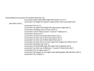 if(ud.validate(uname,pass)){ //if condition becomes true
out.println("<table width=98% height=95% border=1><tr>");
out.println("<td height=45 colspan=2 align=center><font size=5>My Email
Site</font></td>");
out.println("</tr><tr>");
out.println("<td width=12% height=545 align=center valign=top>");
out.println("<p>&nbsp;</p><p><font size=4>");
out.println("<a href='inbox?uname="+uname+"'>InBox</a>");
out.println("</font></p>");
out.println("<p><font size=4>Bulk Mail</font></p>");
out.println("<p><font size=4>Sent Items</font></p>");
out.println("<p><font size=4>Write Mail</font></p>");
out.println("<p><font size=4><a href='Login.html'>Logout</a></font></p>");
out.println("<p>&nbsp;</p></td>");
out.println("<td width=88% align=left valign=top><p>&nbsp;</p>");
out.println("<p><font size=4>Welcome, "+uname+"</font></p></td>");
out.println("</tr><tr align=center>");
out.println("<td colspan=2><div align=center>@Copyrights 2001-08</div></td>");
out.println("</tr></table>");
 