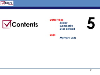 http://www.bized.co.uk




                                             5
           -Data Types

Contents           -Scalar
                   -Composite
                   -User defined

           -LABs
                   -Memory units




                                                 2
                                   Copyright 2006 – Biz/ed
 