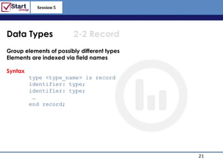 Session 5

                                             http://www.bized.co.uk



Data Types              2-2 Record
Group elements of possibly different types
Elements are indexed via field names

Syntax
         type <type_name> is record
         identifier: type;
         identifier: type;
          …
         end record;




                                                             21
                                                Copyright 2006 – Biz/ed
 