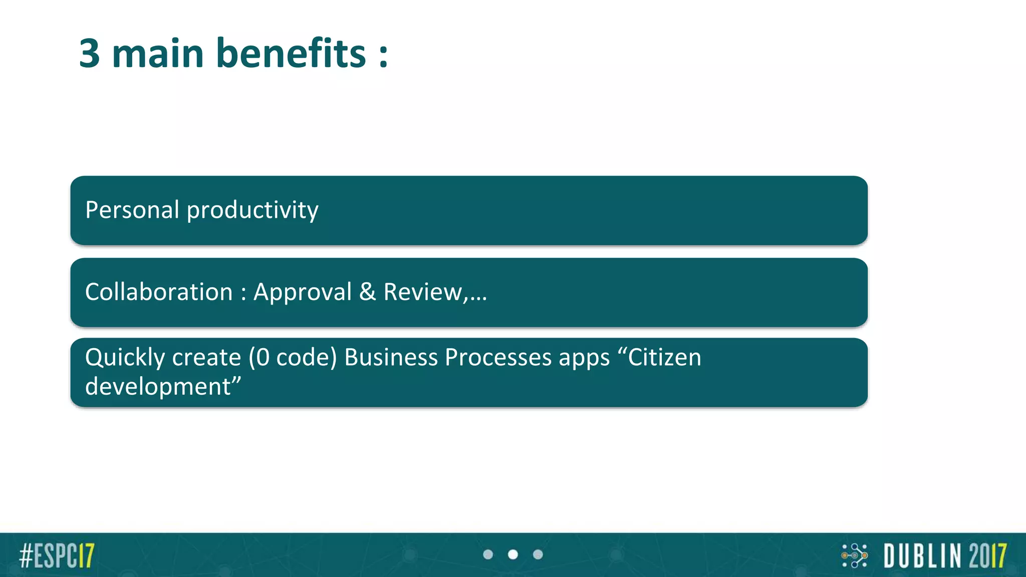 Personal productivity
Collaboration : Approval & Review,…
Quickly create (0 code) Business Processes apps “Citizen
development”
3 main benefits :
 