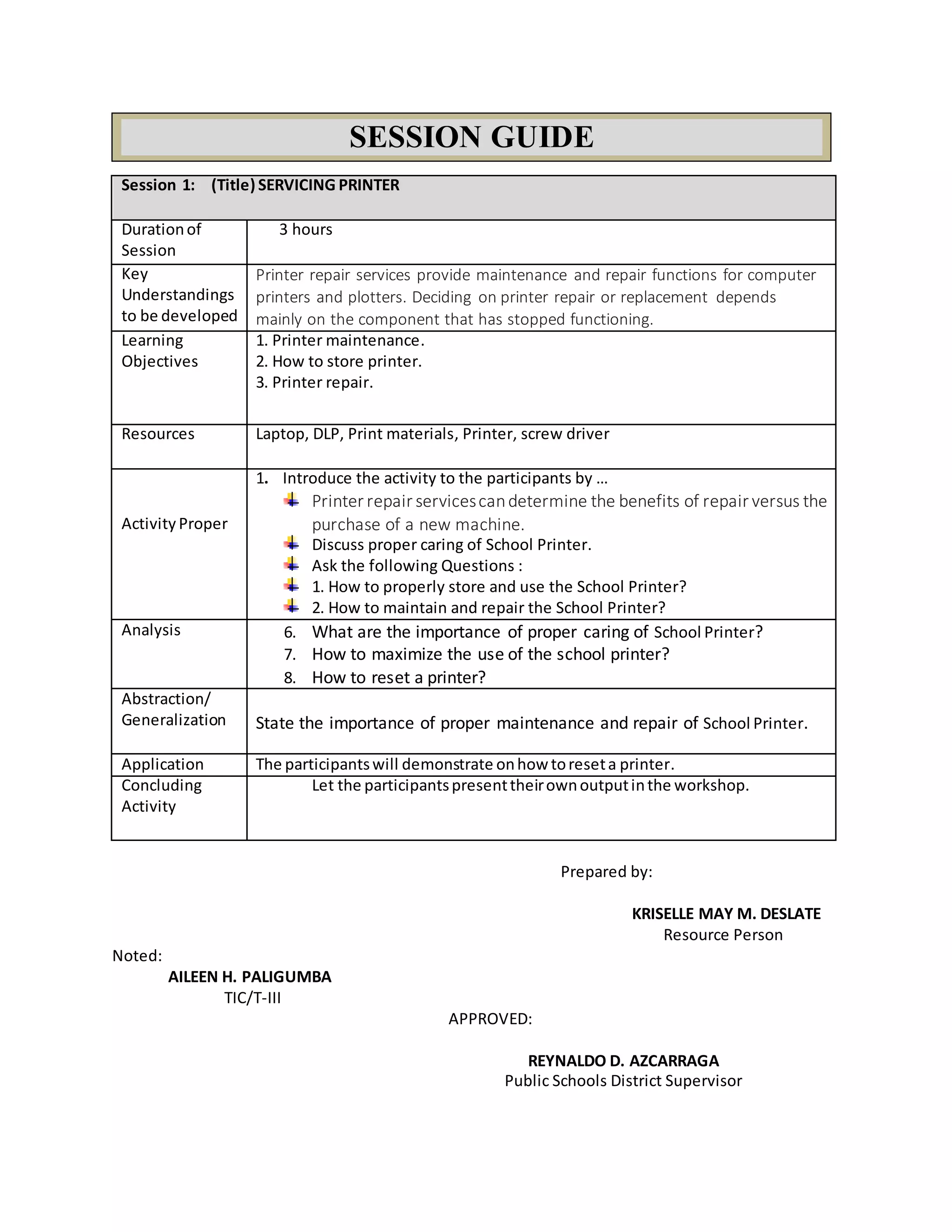 Session 1: (Title) SERVICING PRINTER
Durationof
Session
3 hours
Key
Understandings
to be developed
Printer repair services provide maintenance and repair functions for computer
printers and plotters. Deciding on printer repair or replacement depends
mainly on the component that has stopped functioning.
Learning
Objectives
1. Printer maintenance.
2. How to store printer.
3. Printer repair.
Resources Laptop, DLP, Print materials, Printer, screw driver
Activity Proper
1. Introduce the activity to the participants by …
Printer repair servicescandetermine the benefits of repair versus the
purchase of a new machine.
Discuss proper caring of School Printer.
Ask the following Questions :
1. How to properly store and use the School Printer?
2. How to maintain and repair the School Printer?
Analysis 6. What are the importance of proper caring of School Printer?
7. How to maximize the use of the school printer?
8. How to reset a printer?
Abstraction/
Generalization State the importance of proper maintenance and repair of School Printer.
Application The participantswill demonstrate onhow toreseta printer.
Concluding
Activity
Let the participantspresenttheirownoutputinthe workshop.
Prepared by:
KRISELLE MAY M. DESLATE
Resource Person
Noted:
AILEEN H. PALIGUMBA
TIC/T-III
APPROVED:
REYNALDO D. AZCARRAGA
Public Schools District Supervisor
SESSION GUIDE
 