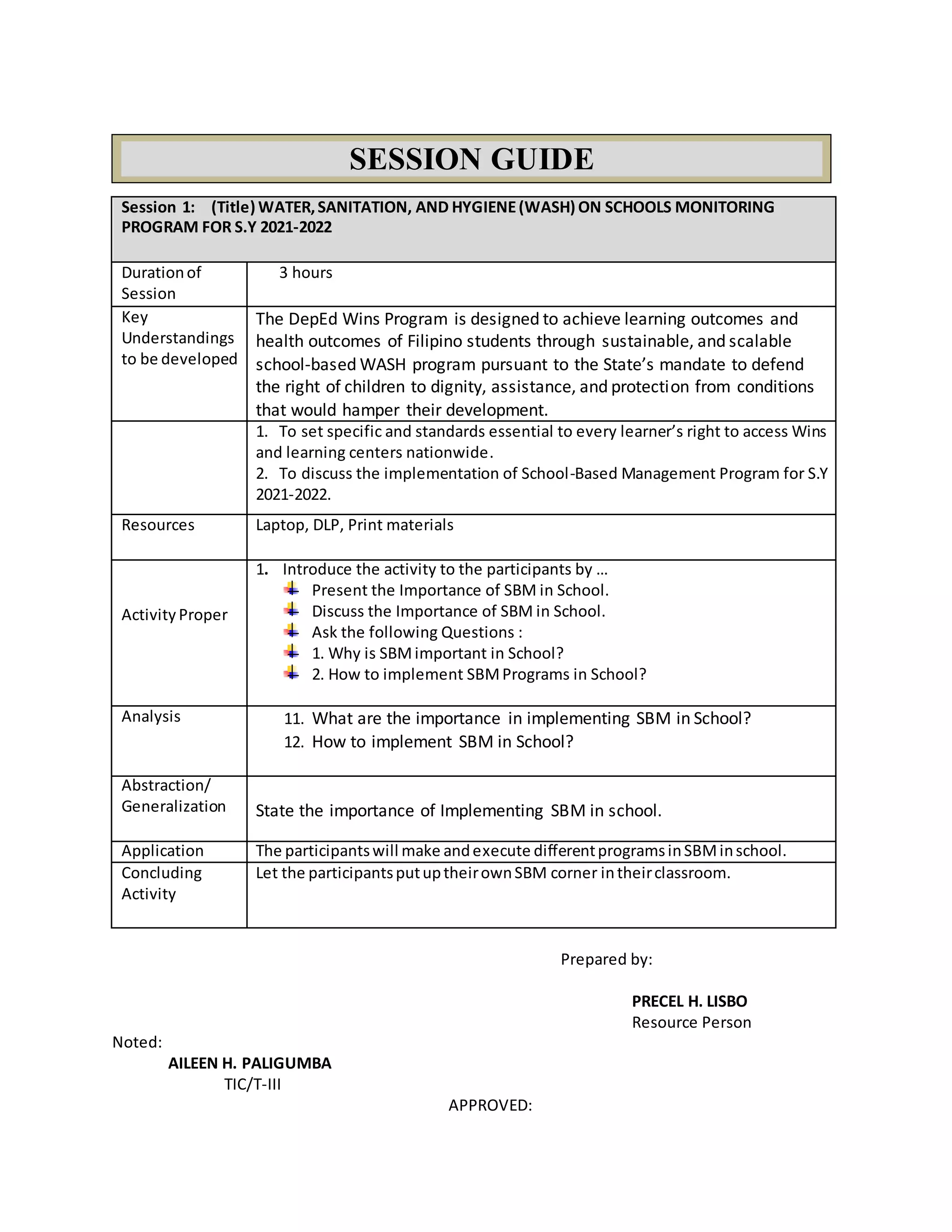 Session 1: (Title) WATER,SANITATION, AND HYGIENE(WASH) ON SCHOOLS MONITORING
PROGRAM FOR S.Y 2021-2022
Durationof
Session
3 hours
Key
Understandings
to be developed
The DepEd Wins Program is designed to achieve learning outcomes and
health outcomes of Filipino students through sustainable, and scalable
school-based WASH program pursuant to the State’s mandate to defend
the right of children to dignity, assistance, and protection from conditions
that would hamper their development.
1. To set specific and standards essential to every learner’s right to access Wins
and learning centers nationwide.
2. To discuss the implementation of School-Based Management Program for S.Y
2021-2022.
Resources Laptop, DLP, Print materials
Activity Proper
1. Introduce the activity to the participants by …
Present the Importance of SBM in School.
Discuss the Importance of SBM in School.
Ask the following Questions :
1. Why is SBMimportant in School?
2. How to implement SBMPrograms in School?
Analysis 11. What are the importance in implementing SBM in School?
12. How to implement SBM in School?
Abstraction/
Generalization State the importance of Implementing SBM in school.
Application The participantswill make andexecute differentprogramsinSBMinschool.
Concluding
Activity
Let the participantsputuptheirownSBM corner intheirclassroom.
Prepared by:
PRECEL H. LISBO
Resource Person
Noted:
AILEEN H. PALIGUMBA
TIC/T-III
APPROVED:
SESSION GUIDE
 