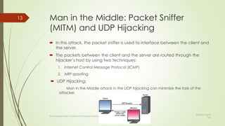 Man in the Middle: Packet Sniffer
(MITM) and UDP Hijacking
 In this attack, the packet sniffer is used to interface between the client and
the server.
 The packets between the client and the server are routed through the
hijacker’s host by using two techniques:
1. Internet Control Message Protocol (ICMP)
2. ARP spoofing
 UDP Hijacking:
Man in the Middle attack in the UDP hijacking can minimize the task of the
attacker.
13
By Kevadiya Harsh Guided by Prof.Mayuri Mehta
9/28/2013 8:53
AM
 