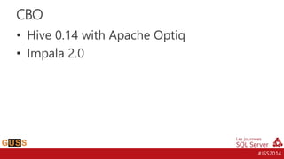 #JSS2014 
CBO 
• Hive 0.14 with Apache Optiq 
• Impala 2.0 
 
