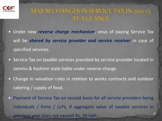  Under new reverse charge mechanism, onus of paying Service Tax
will be shared by service provider and service receiver in case of
specified services.
 Service Tax on taxable services provided by service provider located in
Jammu & Kashmir state liable under reverse charge.
 Change in valuation rules in relation to works contracts and outdoor
catering / supply of food.
 Payment of Service Tax on receipt basis for all service providers being
individuals / firms / LLPs, if aggregate value of taxable services in
previous year does not exceed Rs. 50 lakh.
21
 