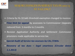  Criteria for Rs 10 lakh threshold exemption changed to invoices
 Time limit for appeal by assessees to Commissioner (Appeals)
reduced from 3 months to 2 months
 Revision Application Authority and Settlement Commission
provisions made applicable to service tax.
 Special Audit of Service tax assesses by CAs /CWAs
 Recovery of tax dues – legal smartness (Circular dated
1.1.2013)
22
 