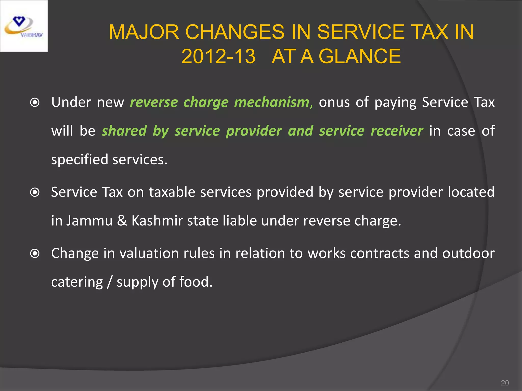 MAJOR CHANGES IN SERVICE TAX IN
2012-13 AT A GLANCE
 Under new reverse charge mechanism, onus of paying Service Tax
will be shared by service provider and service receiver in case of
specified services.
 Service Tax on taxable services provided by service provider located
in Jammu & Kashmir state liable under reverse charge.
 Change in valuation rules in relation to works contracts and outdoor
catering / supply of food.
20
 