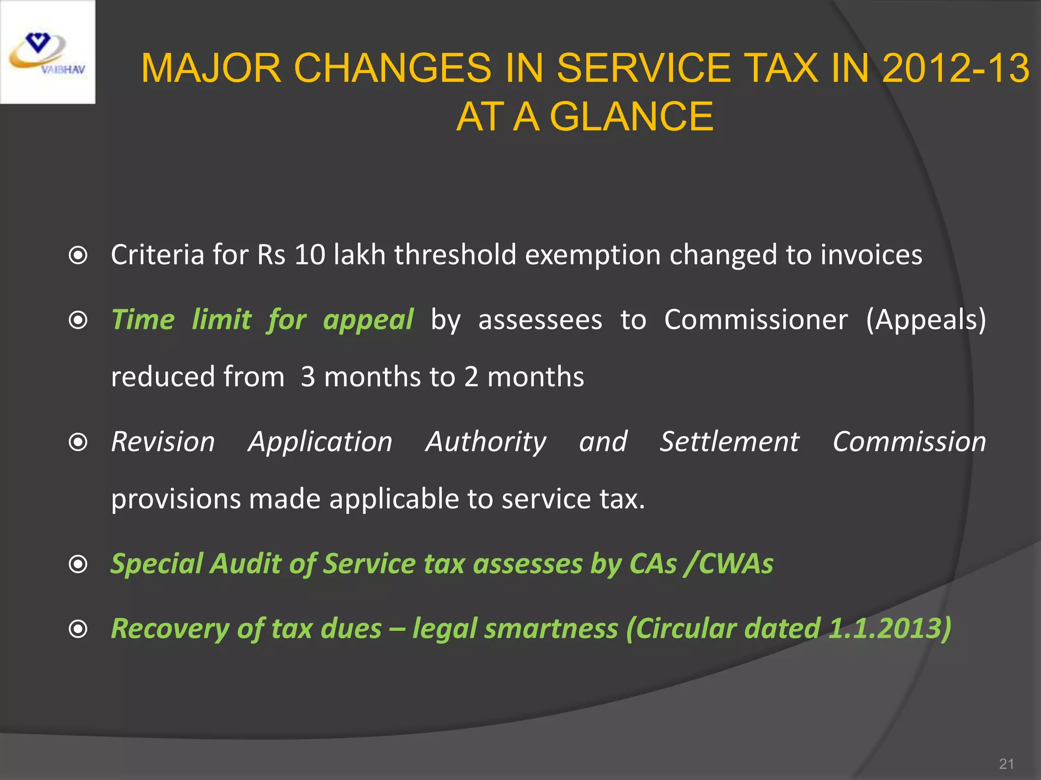 MAJOR CHANGES IN SERVICE TAX IN 2012-13
AT A GLANCE
 Criteria for Rs 10 lakh threshold exemption changed to invoices
 Time limit for appeal by assessees to Commissioner (Appeals)
reduced from 3 months to 2 months
 Revision Application Authority and Settlement Commission
provisions made applicable to service tax.
 Special Audit of Service tax assesses by CAs /CWAs
 Recovery of tax dues – legal smartness (Circular dated 1.1.2013)
21
 