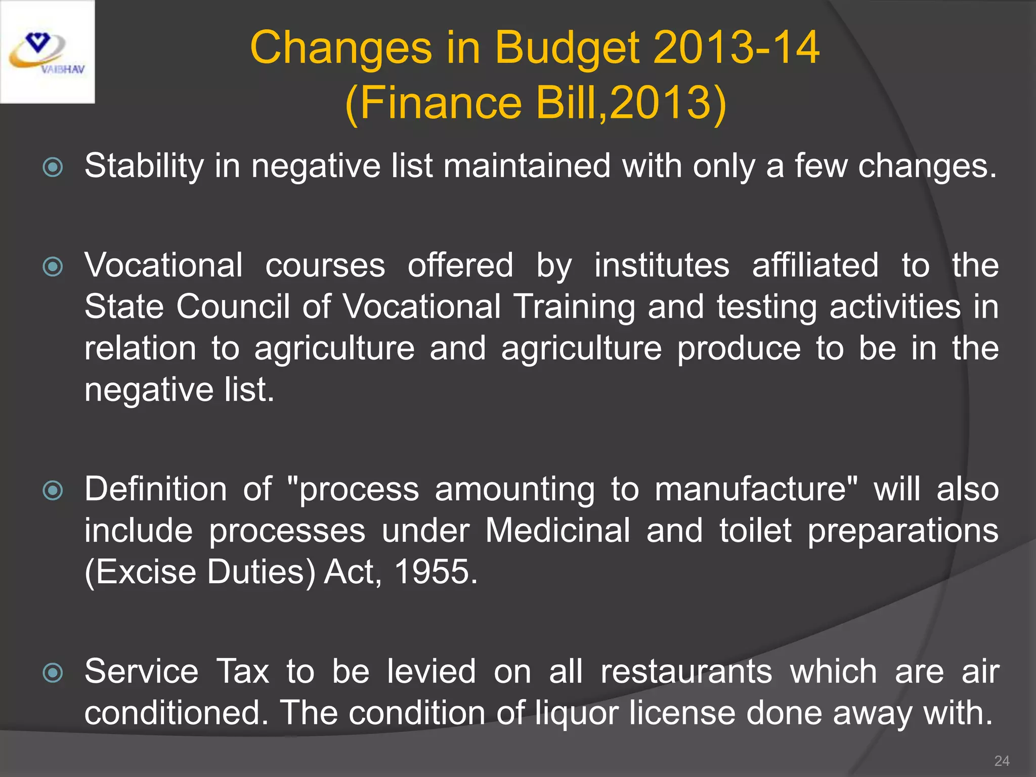 Changes in Budget 2013-14
(Finance Bill,2013)
 Stability in negative list maintained with only a few changes.
 Vocational courses offered by institutes affiliated to the
State Council of Vocational Training and testing activities in
relation to agriculture and agriculture produce to be in the
negative list.
 Definition of "process amounting to manufacture" will also
include processes under Medicinal and toilet preparations
(Excise Duties) Act, 1955.
 Service Tax to be levied on all restaurants which are air
conditioned. The condition of liquor license done away with.
24
 