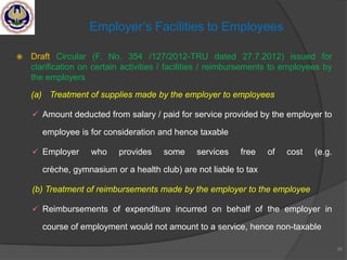  Draft Circular (F. No. 354 /127/2012-TRU dated 27.7.2012) issued for
clarification on certain activities / facilities / reimbursements to employees by
the employers
(a) Treatment of supplies made by the employer to employees
 Amount deducted from salary / paid for service provided by the employer to
employee is for consideration and hence taxable
 Employer who provides some services free of cost (e.g.
crèche, gymnasium or a health club) are not liable to tax
(b) Treatment of reimbursements made by the employer to the employee
 Reimbursements of expenditure incurred on behalf of the employer in
course of employment would not amount to a service, hence non-taxable
35
Employer‘s Facilities to Employees
 