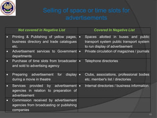 Selling of space or time slots for
advertisements
Not covered in Negative List Covered In Negative List
Printing & Publishing of yellow pages,
business directory and trade catalogues
etc.
Spaces allotted in buses and public
transport system public transport system
to run display of advertisement
Advertisement services to Government
departments
Private circulation of magazines / journals
Purchase of time slots from broadcaster
and sold to advertising agency
Telephone directories
Preparing advertisement for display
during a movie in theatre
Clubs, associations, professional bodies
etc. member's list / directories
Services provided by advertisement
agencies in relation to preparation of
advertisement
Internal directories / business information
Commission received by advertisement
agencies from broadcasting or publishing
companies
60
 