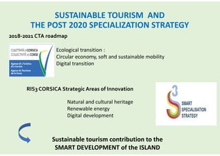 SUSTAINABLE TOURISM AND
THE POST 2020 SPECIALIZATION STRATEGY
RIS3 CORSICA Strategic Areas of Innovation
Natural and cultural heritage
Renewable energy
Digital development
2018-2021 CTA roadmap
Ecological transition :
Circular economy, soft and sustainable mobility
Digital transition
Sustainable tourism contribution to the
SMART DEVELOPMENT of the ISLAND
 