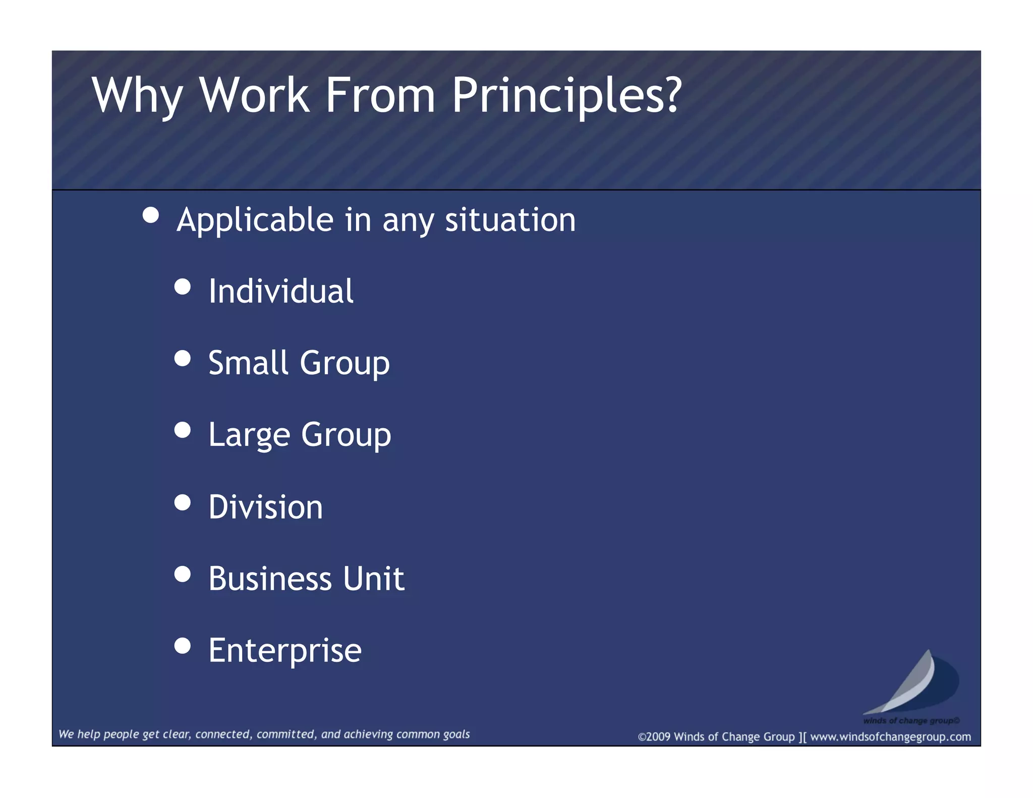 Why Work From Principles?
• Applicable in any situation
• Individual
• Small Group
• Large Group
• Division
• Business Unit
• Enterprise
 