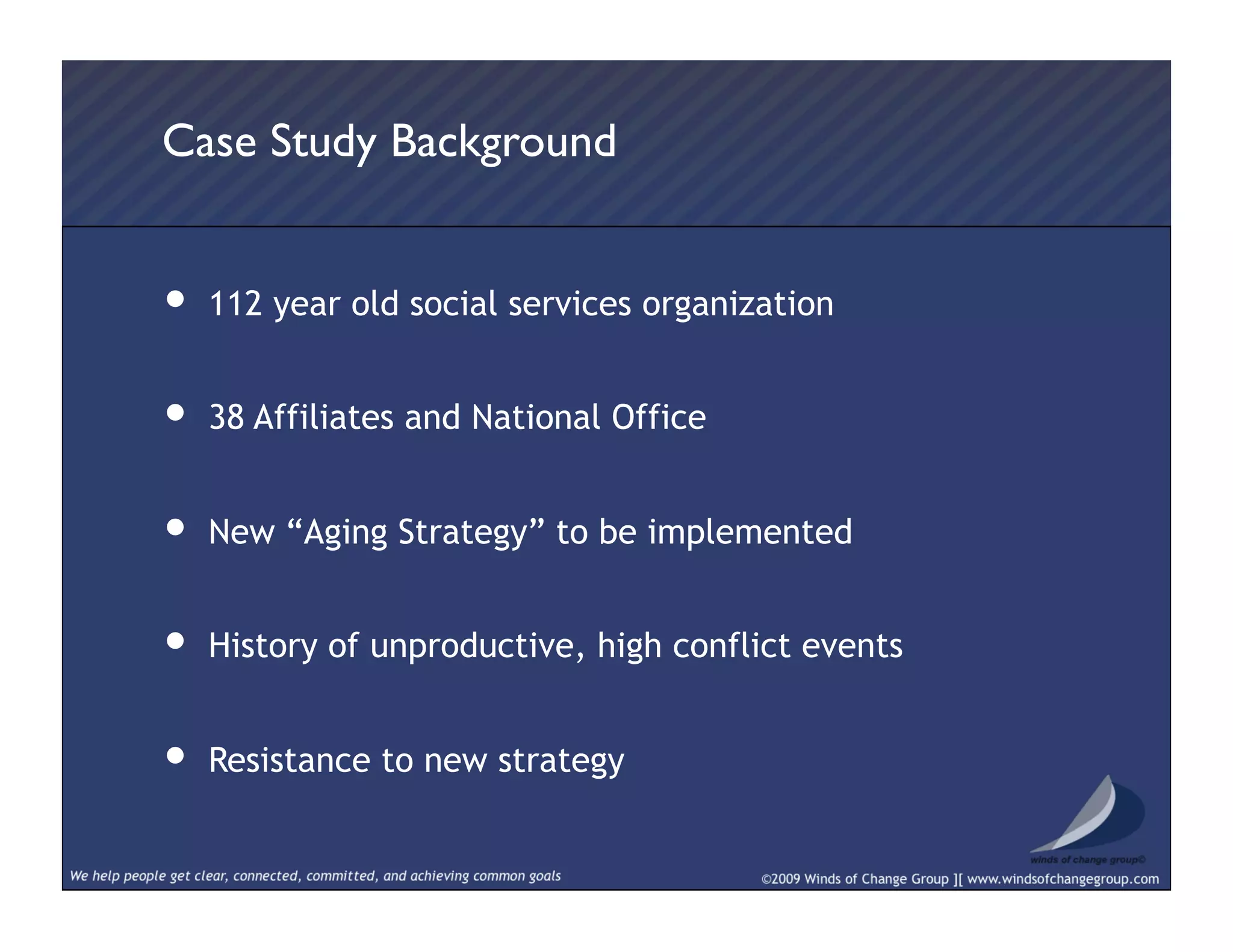 •  112 year old social services organization
•  38 Affiliates and National Office
•  New “Aging Strategy” to be implemented
•  History of unproductive, high conflict events
•  Resistance to new strategy
Case Study Background	

 