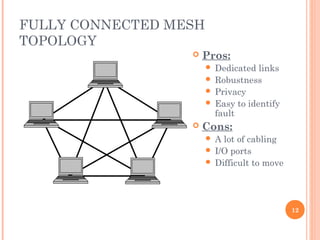 FULLY CONNECTED MESH
TOPOLOGY
12
 Pros:
 Dedicated links
 Robustness
 Privacy
 Easy to identify
fault
 Cons:
 A lot of cabling
 I/O ports
 Difficult to move
 