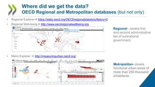 • Regional Explorer https://stats.oecd.org/OECDregionalstatistics/#story=0
• Regional Well-being http://www.oecdregionalwellbeing.org
• Metro Explorer  http://measuringurban.oecd.org/
Where did we get the data?
OECD Regional and Metropolitan databases (but not only)
Regional- covers first
and second administrative
tier of subnational
government
Metropolitan- covers
functional urban areas of
more than 250 thousand
inhabitants
 