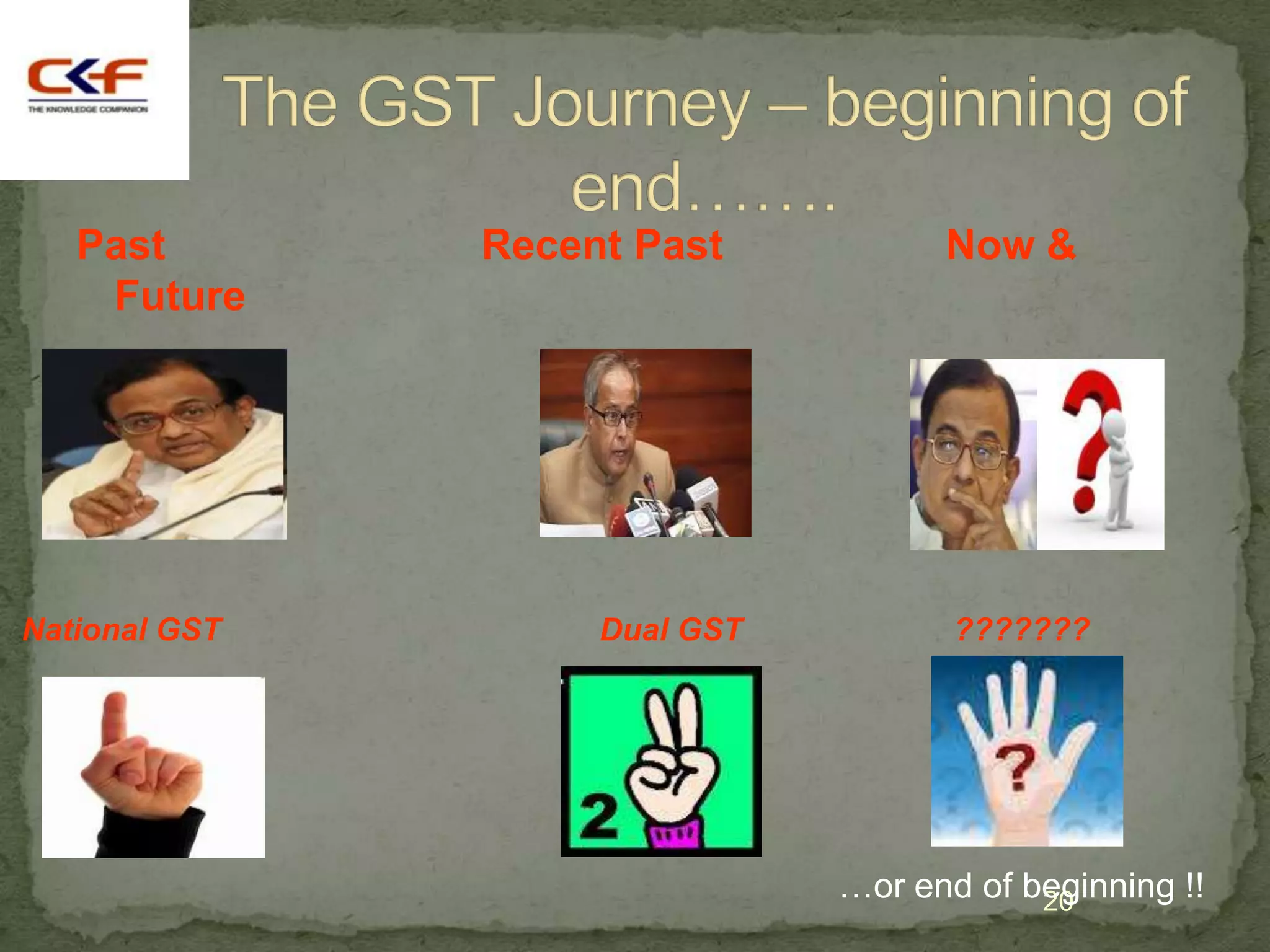 Past        Recent Past           Now &
    Future




National GST        Dual GST          ???????




                               …or end of beginning !!
                                           20
 