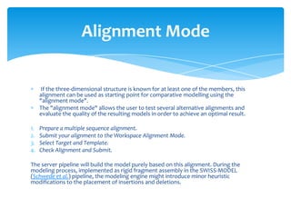 If the three-dimensional structure is known for at least one of the members, this
alignment can be used as starting point for comparative modelling using the
"alignment mode".
The "alignment mode" allows the user to test several alternative alignments and
evaluate the quality of the resulting models in order to achieve an optimal result.
1. Prepare a multiple sequence alignment.
2. Submit your alignment to the Workspace Alignment Mode.
3. Select Target and Template.
4. Check Alignment and Submit.
The server pipeline will build the model purely based on this alignment. During the
modeling process, implemented as rigid fragment assembly in the SWISS-MODEL
(Schwede et al.) pipeline, the modeling engine might introduce minor heuristic
modifications to the placement of insertions and deletions.
Alignment Mode
 