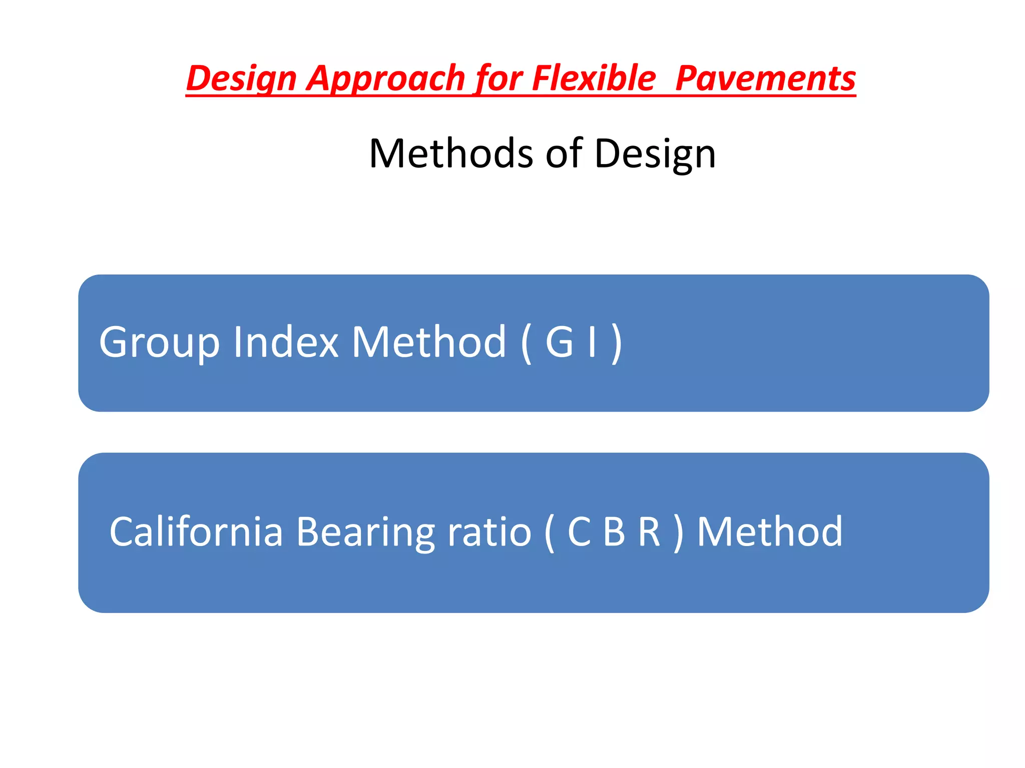 Design Approach for Flexible Pavements
Methods of Design
Group Index Method ( G I )
California Bearing ratio ( C B R ) Method
 