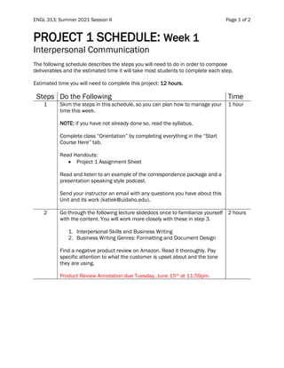 ENGL 313: Summer 2021 Session II Page 1 of 2
PROJECT 1 SCHEDULE: Week 1
Interpersonal Communication
The following schedule describes the steps you will need to do in order to compose
deliverables and the estimated time it will take most students to complete each step.
Estimated time you will need to complete this project: 12 hours.
Steps Do the Following Time
1 Skim the steps in this schedule, so you can plan how to manage your
time this week.
NOTE: if you have not already done so, read the syllabus.
Complete class “Orientation” by completing everything in the “Start
Course Here” tab.
Read Handouts:
• Project 1 Assignment Sheet
Read and listen to an example of the correspondence package and a
presentation speaking style podcast.
Send your instructor an email with any questions you have about this
Unit and its work (katiek@uidaho.edu).
1 hour
2 Go through the following lecture slidedocs once to familiarize yourself
with the content. You will work more closely with these in step 3.
1. Interpersonal Skills and Business Writing
2. Business Writing Genres: Formatting and Document Design
Find a negative product review on Amazon. Read it thoroughly. Pay
specific attention to what the customer is upset about and the tone
they are using.
Product Review Annotation due Tuesday, June 15th at 11:59pm.
2 hours
 