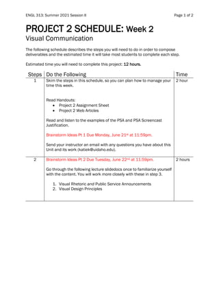 ENGL 313: Summer 2021 Session II Page 1 of 2
PROJECT 2 SCHEDULE: Week 2
Visual Communication
The following schedule describes the steps you will need to do in order to compose
deliverables and the estimated time it will take most students to complete each step.
Estimated time you will need to complete this project: 12 hours.
Steps Do the Following Time
1 Skim the steps in this schedule, so you can plan how to manage your
time this week.
Read Handouts:
• Project 2 Assignment Sheet
• Project 2 Web Articles
Read and listen to the examples of the PSA and PSA Screencast
Justification.
Brainstorm Ideas Pt 1 Due Monday, June 21st at 11:59pm.
Send your instructor an email with any questions you have about this
Unit and its work (katiek@uidaho.edu).
2 hour
2 Brainstorm Ideas Pt 2 Due Tuesday, June 22nd at 11:59pm.
Go through the following lecture slidedocs once to familiarize yourself
with the content. You will work more closely with these in step 3.
1. Visual Rhetoric and Public Service Announcements
2. Visual Design Principles
2 hours
 