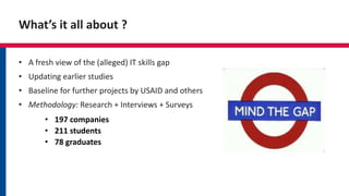 What’s it all about ?
• A fresh view of the (alleged) IT skills gap
• Updating earlier studies
• Baseline for further projects by USAID and others
• Methodology: Research + Interviews + Surveys
• 197 companies
• 211 students
• 78 graduates
 