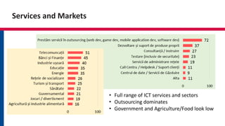 Services and Markets
• Full range of ICT services and sectors
• Outsourcing dominates
• Government and Agriculture/Food look low
 