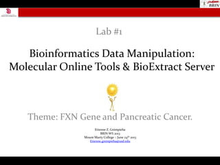Bioinformatics Data Manipulation:
Molecular Online Tools & BioExtract Server
Theme: FXN Gene and Pancreatic Cancer.
Lab #1
Etienne Z. Gnimpieba
BRIN WS 2013
Mount Marty College – June 24th 2013
Etienne.gnimpieba@usd.edu
 