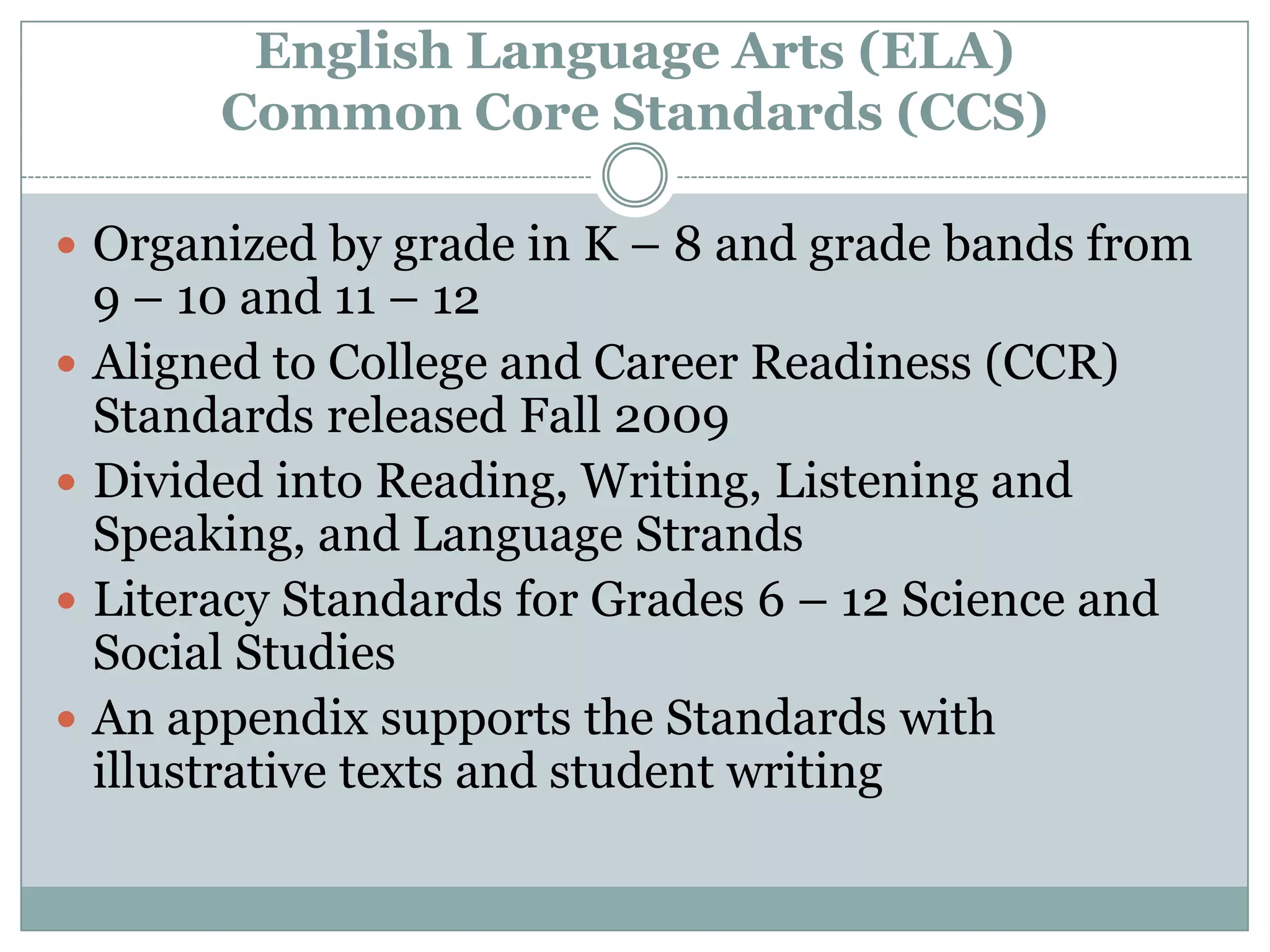 English Language Arts (ELA) Common Core Standards (CCS)Organized by grade in K – 8 and grade bands from 9 – 10 and 11 – 12Aligned to College and Career Readiness (CCR) Standards released Fall 2009Divided into Reading, Writing, Listening and Speaking, and Language StrandsLiteracy Standards for Grades 6 – 12 Science and Social StudiesAn appendix supports the Standards with illustrative texts and student writing