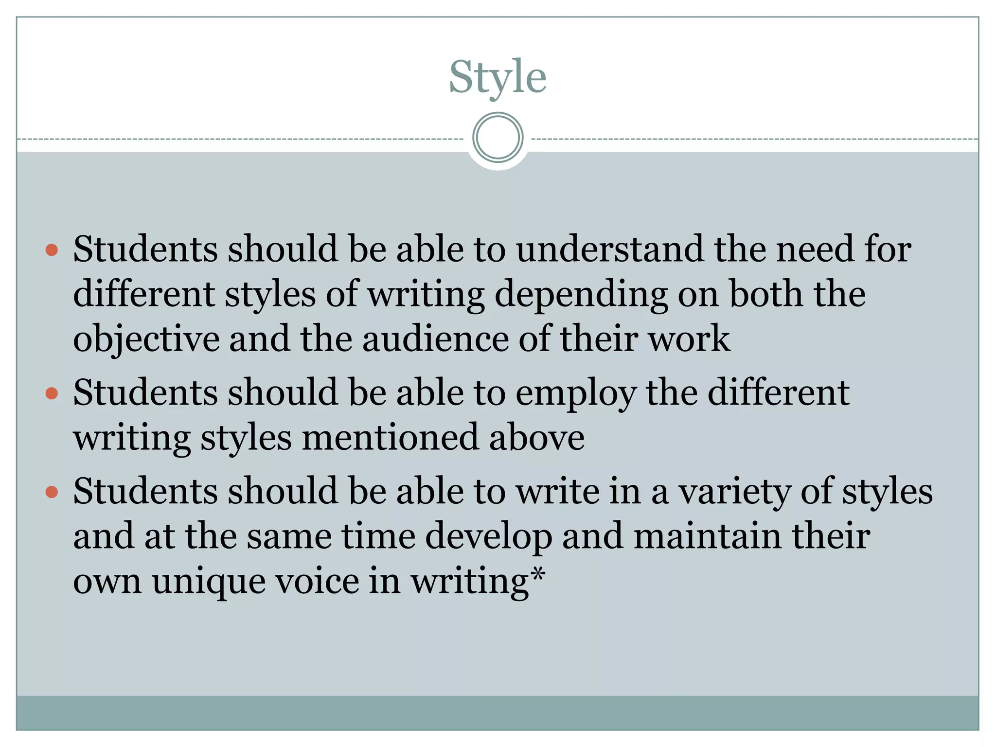 StyleStudents should be able to understand the need for different styles of writing depending on both the objective and the audience of their workStudents should be able to employ the different writing styles mentioned aboveStudents should be able to write in a variety of styles and at the same time develop and maintain their own unique voice in writing*