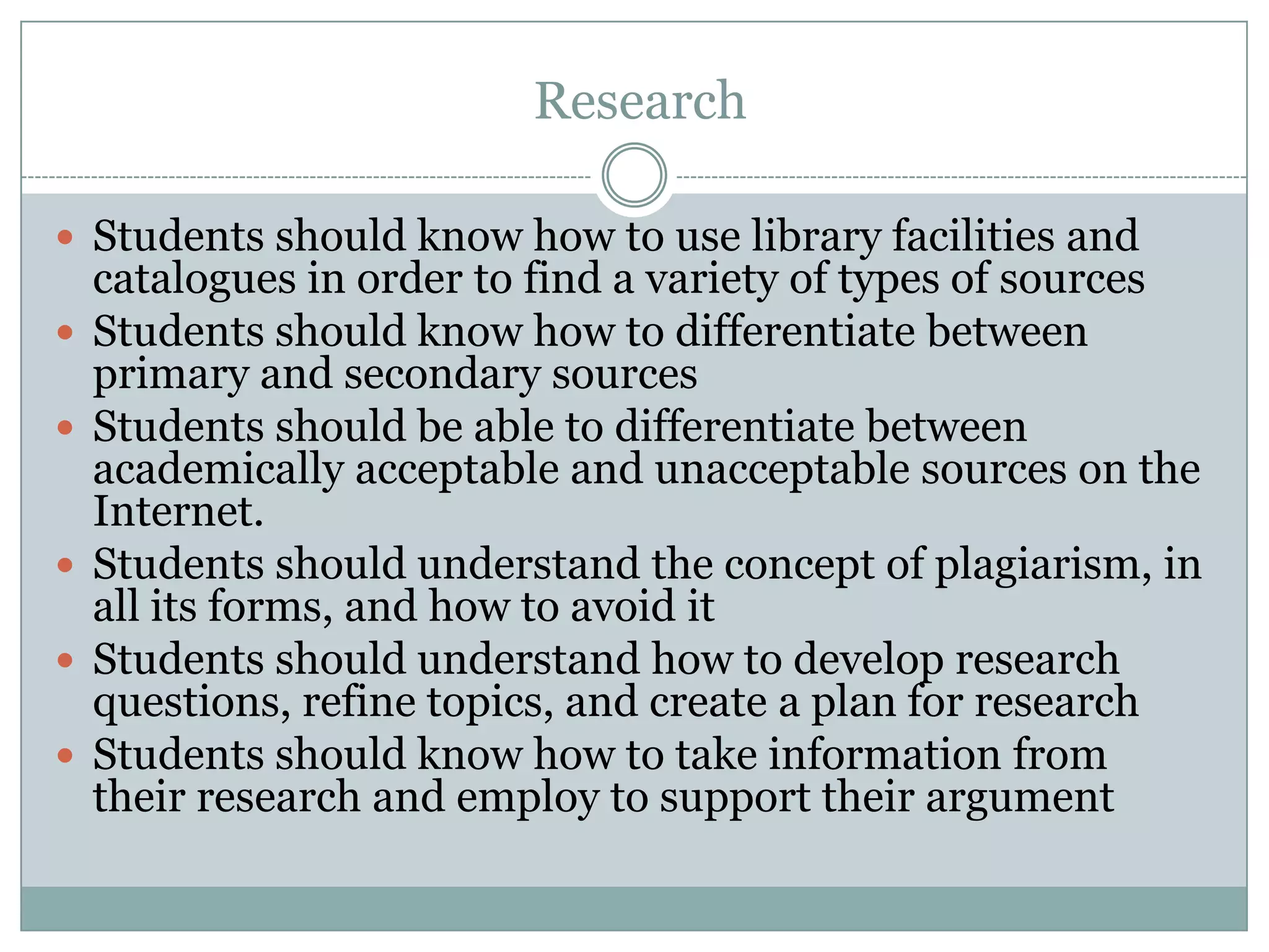  ResearchStudents should know how to use library facilities and catalogues in order to find a variety of types of sourcesStudents should know how to differentiate between primary and secondary sourcesStudents should be able to differentiate between academically acceptable and unacceptable sources on the Internet.Students should understand the concept of plagiarism, in all its forms, and how to avoid itStudents should understand how to develop research questions, refine topics, and create a plan for researchStudents should know how to take information from their research and employ to support their argument