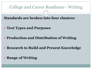 College and Career Readiness - WritingStandards are broken into four clusters:Text Types and PurposesProduction and Distribution of WritingResearch to Build and Present KnowledgeRange of Writing