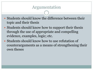 ArgumentationStudents should know the difference between their topic and their thesisStudents should know how to support their thesis through the use of appropriate and compelling evidence, examples, logic; etc.Students should know how to use refutation of counterarguments as a means of strengthening their own theses