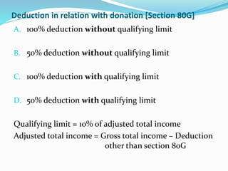 Deduction in relation with donation [Section 80G]
A. 100% deduction without qualifying limit
B. 50% deduction without qualifying limit
C. 100% deduction with qualifying limit
D. 50% deduction with qualifying limit
Qualifying limit = 10% of adjusted total income
Adjusted total income = Gross total income – Deduction
other than section 80G
 