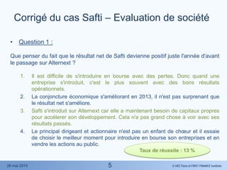 © HEC Paris et FIRST FINANCE Institute26 mai 2015
• Question 1 :
Que penser du fait que le résultat net de Safti devienne positif juste l'année d'avant
le passage sur Alternext ?
1. Il est difficile de s'introduire en bourse avec des pertes. Donc quand une
entreprise s'introduit, c'est le plus souvent avec des bons résultats
opérationnels.
2. La conjoncture économique s'améliorant en 2013, il n'est pas surprenant que
le résultat net s'améliore.
3. Safti s'introduit sur Alternext car elle a maintenant besoin de capitaux propres
pour accélerer son développement. Cela n'a pas grand chose à voir avec ses
résultats passés.
4. Le principal dirigeant et actionnaire n'est pas un enfant de chœur et il essaie
de choisir le meilleur moment pour introduire en bourse son entreprises et en
vendre les actions au public.
Taux de réussite : 13 %
Corrigé du cas Safti – Evaluation de société
5
 
