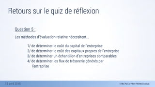 13 avril 2015
Retours sur le quiz de réflexion
Question 5 :

Les méthodes d’évaluation relative nécessitent...
	 	 	 	 
	 	 	 	 1/ de déterminer le coût du capital de l’entreprise 
	 	 	 	 2/ de déterminer le coût des capitaux propres de l’entreprise 	
	 	 	 	 3/ de déterminer un échantillon d’entreprises comparables 	 	
	 	 	 	 4/ de déterminer les flux de trésorerie générés par 		 	 	 	 	 	
	 	 	 	 	 l’entreprise
 