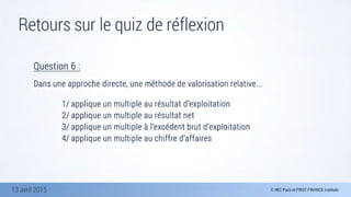 13 avril 2015
Retours sur le quiz de réflexion
Question 6 :

Dans une approche directe, une méthode de valorisation relative...
	 	 	 	 
	 	 	 	 1/ applique un multiple au résultat d’exploitation 
	 	 	 	 2/ applique un multiple au résultat net 
	 	 	 	 3/ applique un multiple à l’excédent brut d’exploitation 	 	 	 	
	 	 	 	 4/ applique un multiple au chiffre d’affaires
 