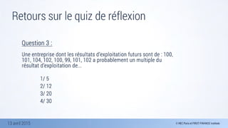 13 avril 2015
Retours sur le quiz de réflexion
Question 3 :

Une entreprise dont les résultats d’exploitation futurs sont de : 100,
101, 104, 102, 100, 99, 101, 102 a probablement un multiple du
résultat d’exploitation de...
	 	 	 	 
	 	 	 	 1/ 5
	 	 	 	 2/ 12 
	 	 	 	 3/ 20
	 	 	 	 4/ 30
 