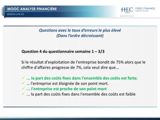 SESSION LIVE #5
MOOC ANALYSE FINANCIÈRE
Question 4 du questionnaire semaine 1 – 3/3
Si le résultat d'exploitation de l'entreprise bondit de 75% alors que le
chiffre d'affaires progresse de 7%, cela veut dire que...
 ... la part des coûts fixes dans l'ensemble des coûts est forte.
 … l'entreprise est éloignée de son point mort.
 ... l'entreprise est proche de son point mort
 ... la part des coûts fixes dans l'ensemble des coûts est faible
Questions avec le taux d’erreurs le plus élevé
(Dans l’ordre décroissant)
 