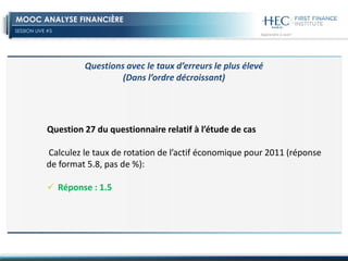 SESSION LIVE #5
MOOC ANALYSE FINANCIÈRE
Question 27 du questionnaire relatif à l’étude de cas
Calculez le taux de rotation de l’actif économique pour 2011 (réponse
de format 5.8, pas de %):
 Réponse : 1.5
Questions avec le taux d’erreurs le plus élevé
(Dans l’ordre décroissant)
 