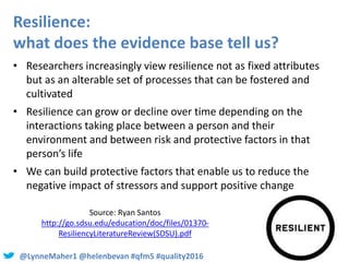 @LynneMaher1 @helenbevan #qfm5 #quality2016
Resilience:
what does the evidence base tell us?
• Researchers increasingly vi...