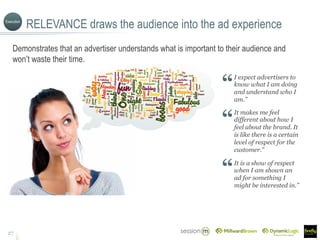 RELEVANCE draws the audience into the ad experience
27
Demonstrates that an advertiser understands what is important to their audience and
won’t waste their time.
I expect advertisers to
know what I am doing
and understand who I
am.”
It makes me feel
different about how I
feel about the brand. It
is like there is a certain
level of respect for the
customer.”
It is a show of respect
when I am shown an
ad for something I
might be interested in.”
Execution
 